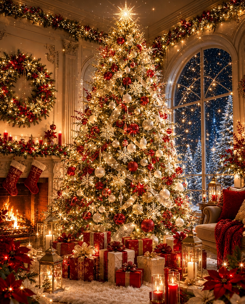 A luxurious Christmas tree glowing with gold ornaments and deep red velvet ribbons